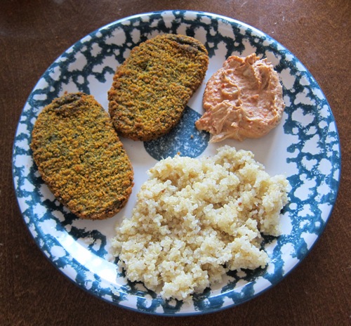 veggie patty felafel with red pepper hummus and quinoa