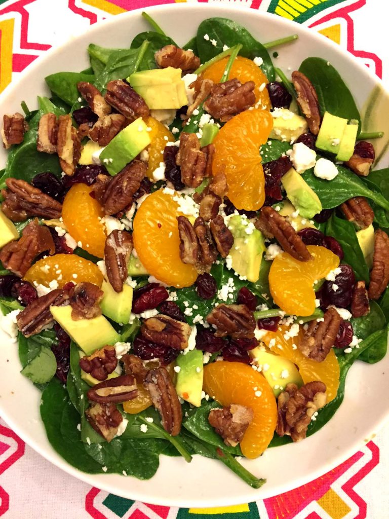 Spinach Salad With Candied Pecans, Dried Cranberries, Avocado, Feta and Oranges!