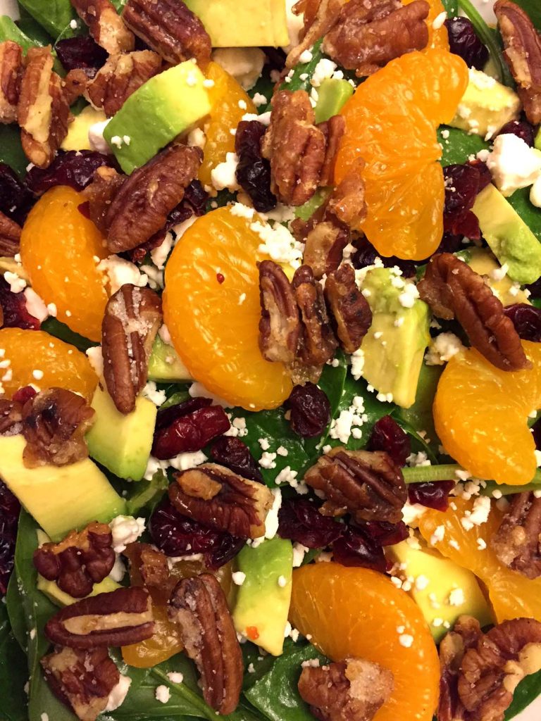 Spinach Salad With Candied Pecans, Dried Cranberries, Avocado, Feta and ...