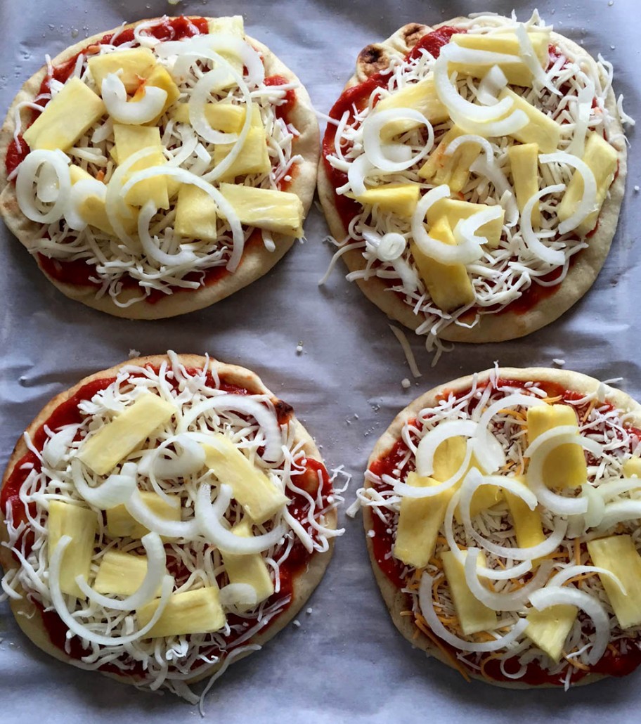 Pineapple Onion Pita Pizzas - ready to bake!