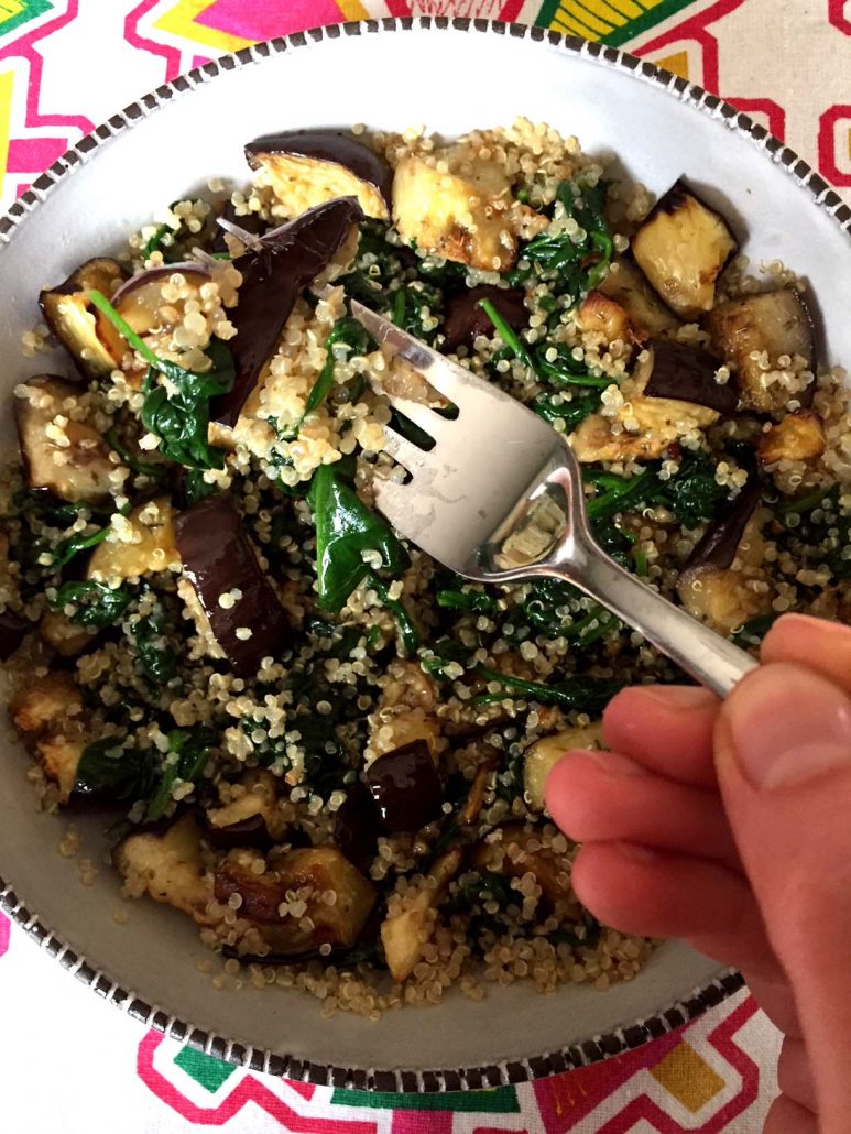 Vegan Quinoa Bowl With Eggplant And Spinach