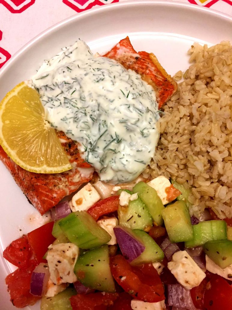 Salmon Dinner With Yogurt Sauce, Rice And Salad