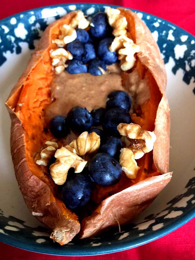 Sweet Potato Almond Butter Bluberries Nuts