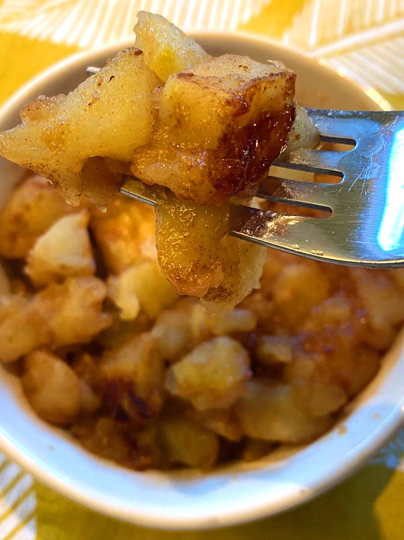 fried apples on a fork