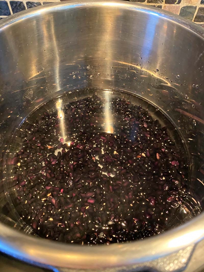 adding water, salt and dry black beans to instant pot