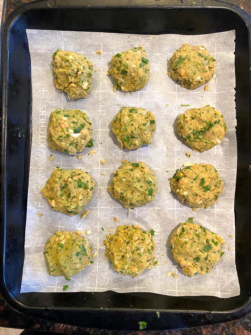 The mixture formed into patties on a baking sheet
