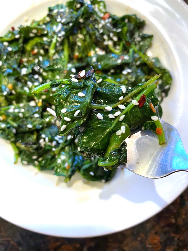 Sesame kale on a fork