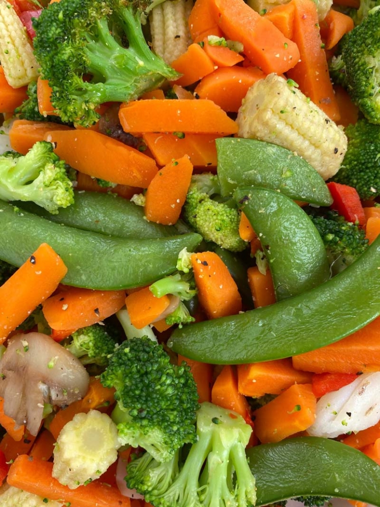 A close up of oriental stir fry vegetables made in the air fryer 