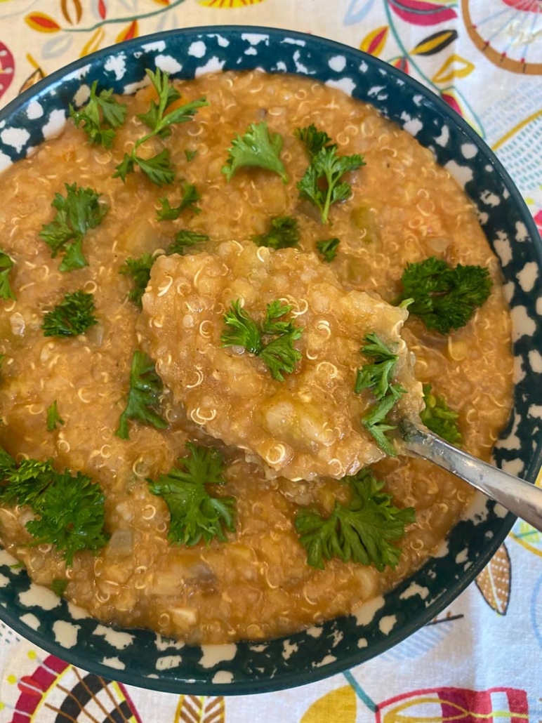A spoonful of Instant Pot Lentil Quinoa Soup