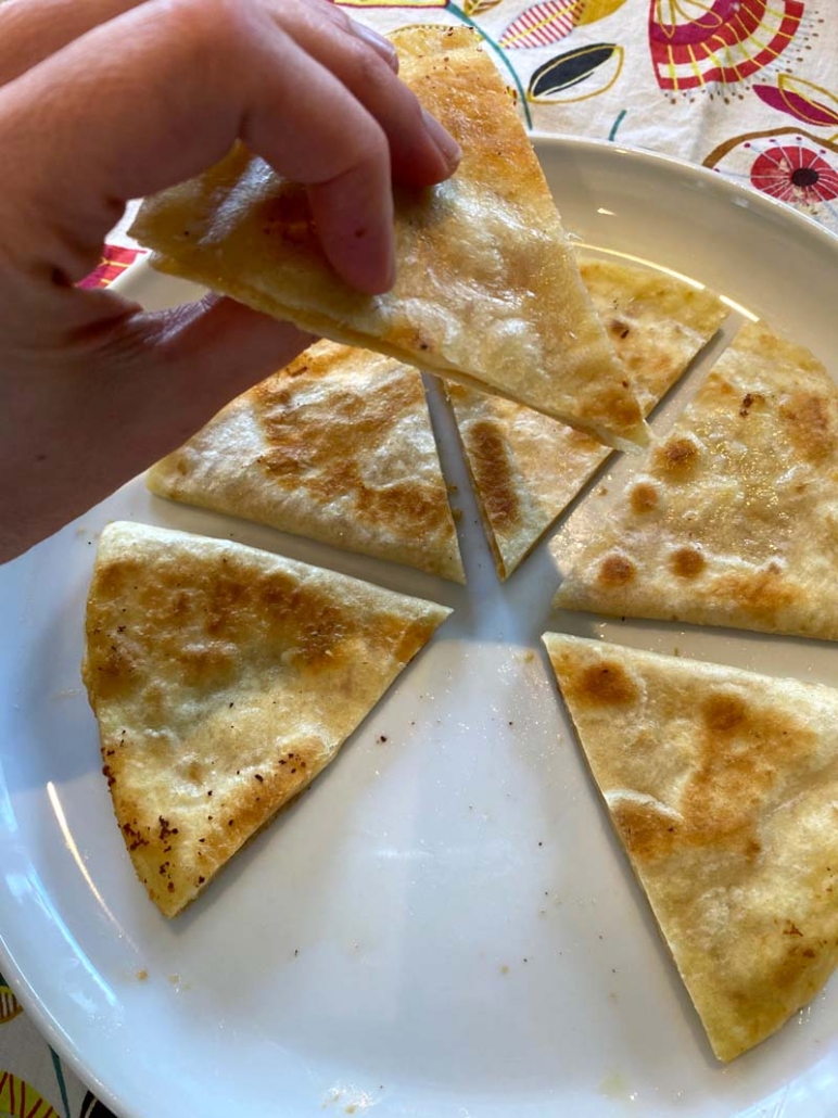 A fried hummus quesadilla that is dairy-free