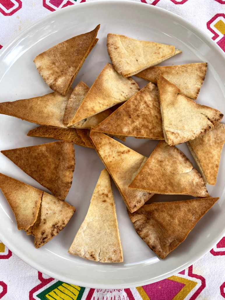 pita chips on a white plate 