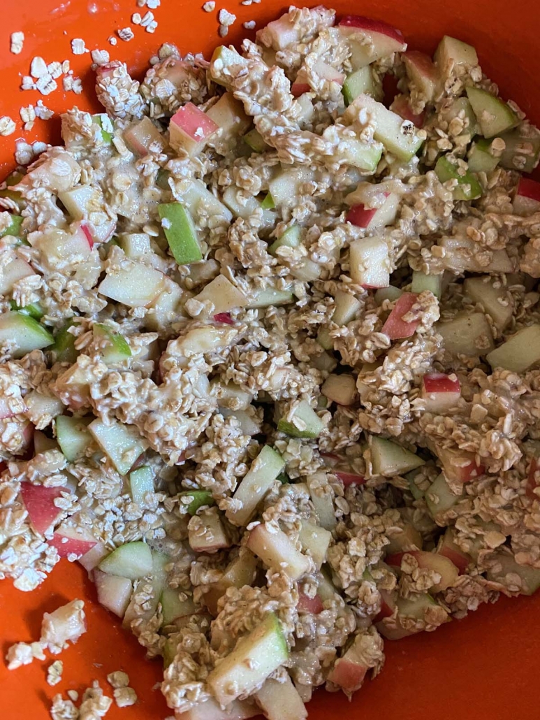 apple oatmeal mixture in a red bowl