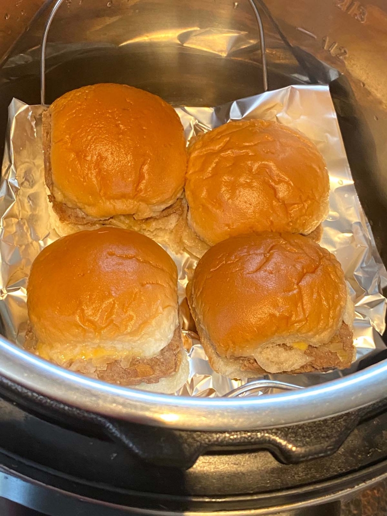 close up of white castle sliders cooking in the instant pot