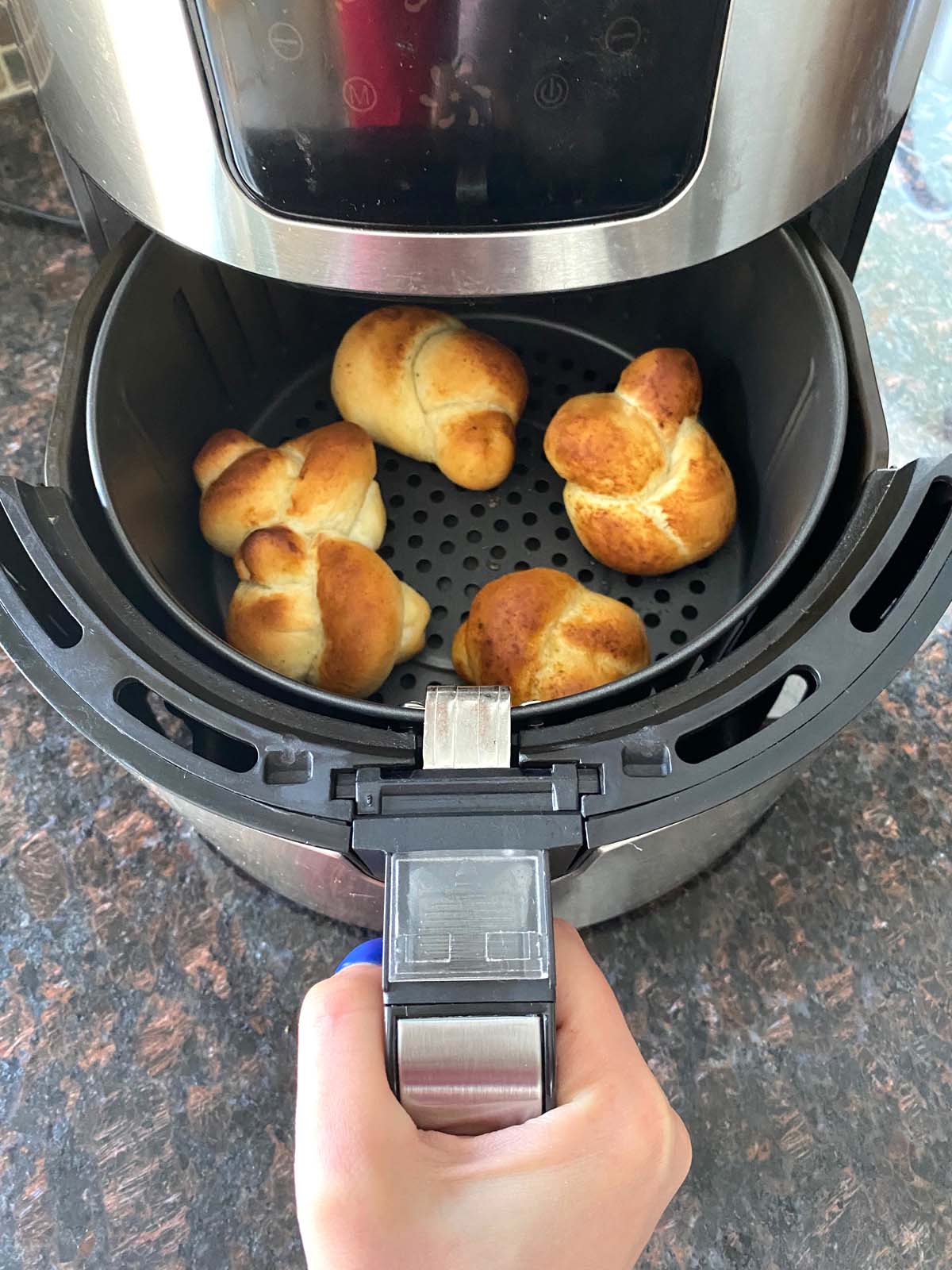 Baked garlic knots in an air fryer. 