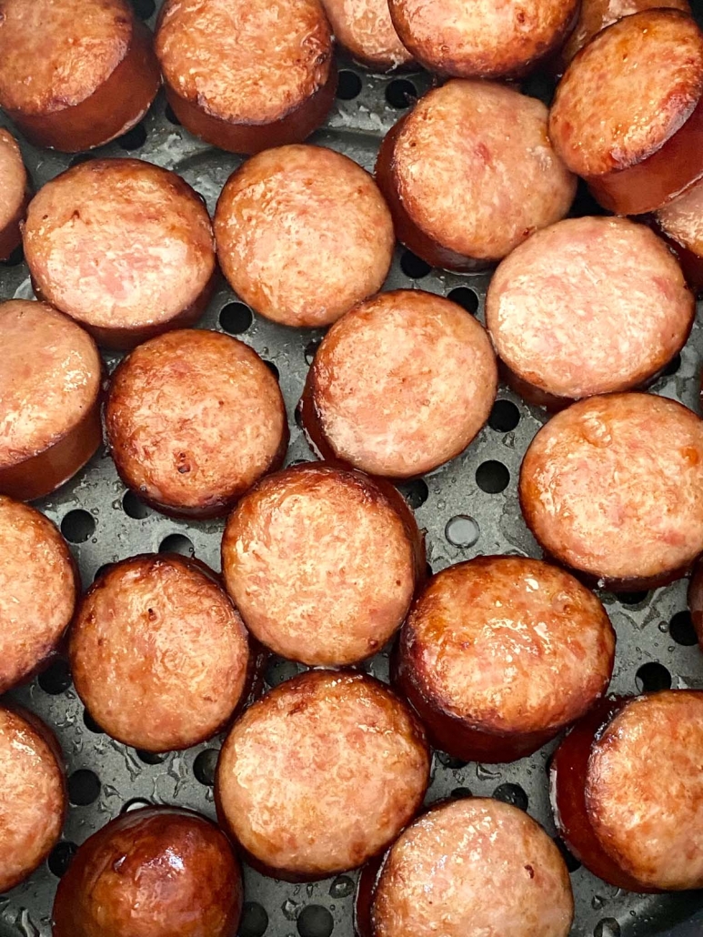 close-up of polish sausage slices in air fryer