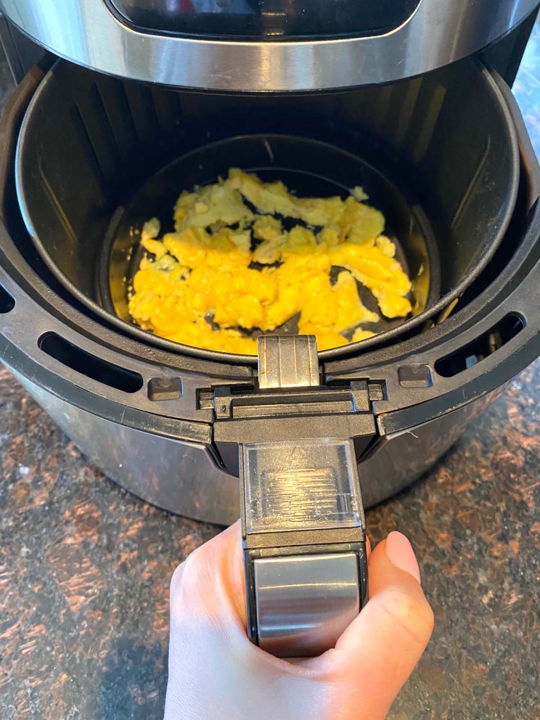 Cooked scrambled eggs in the air fryer.