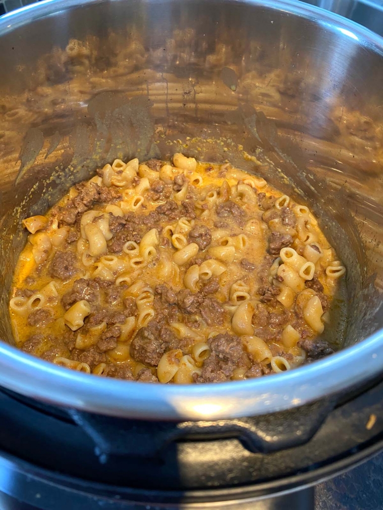 interior of instant pot filled with hamburger helper