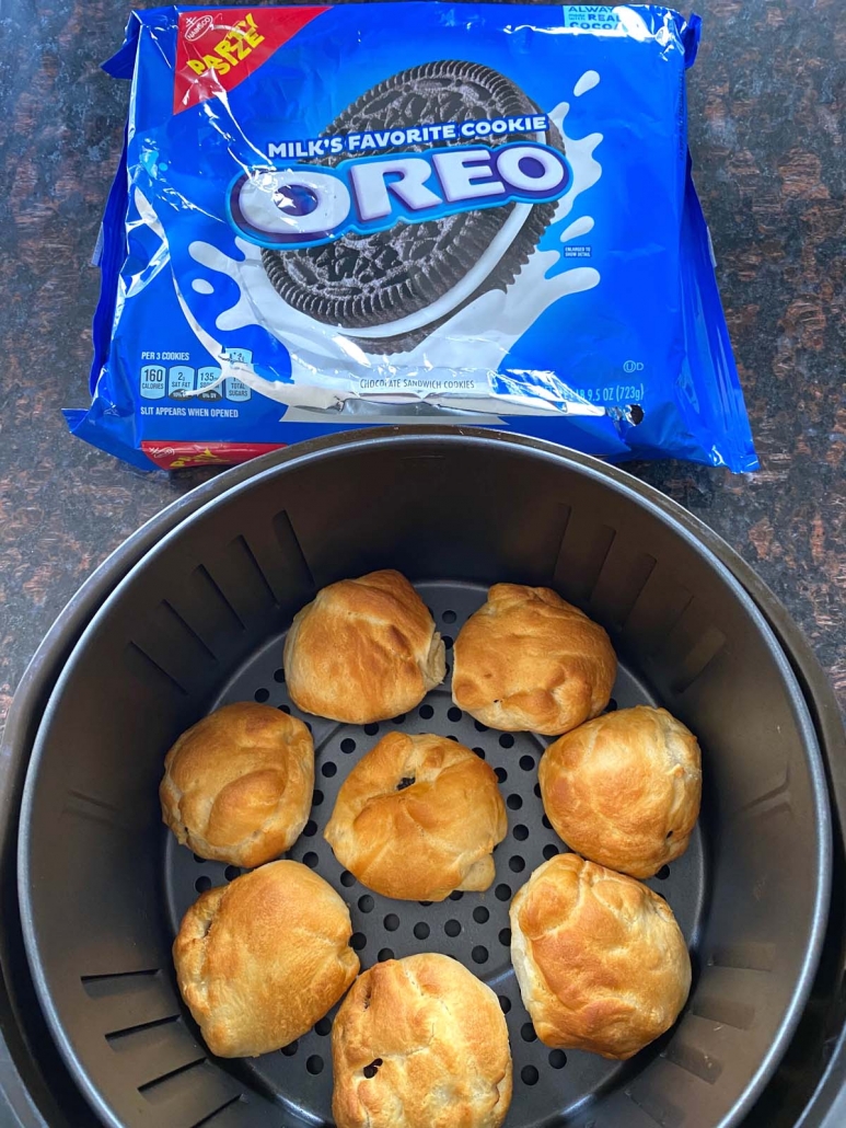package of oreo cookies next to air fried Oreos in basket
