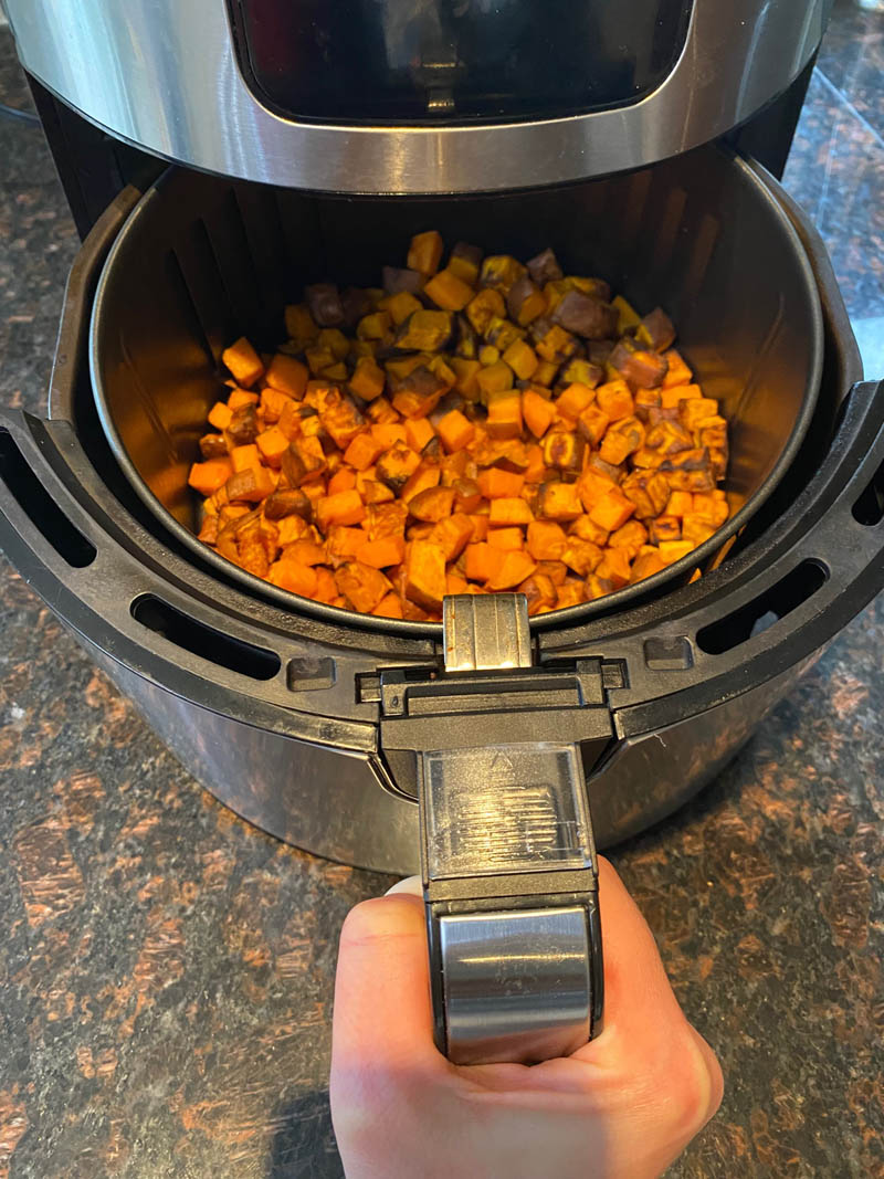 Cooked diced sweet potatoes in the air fryer.