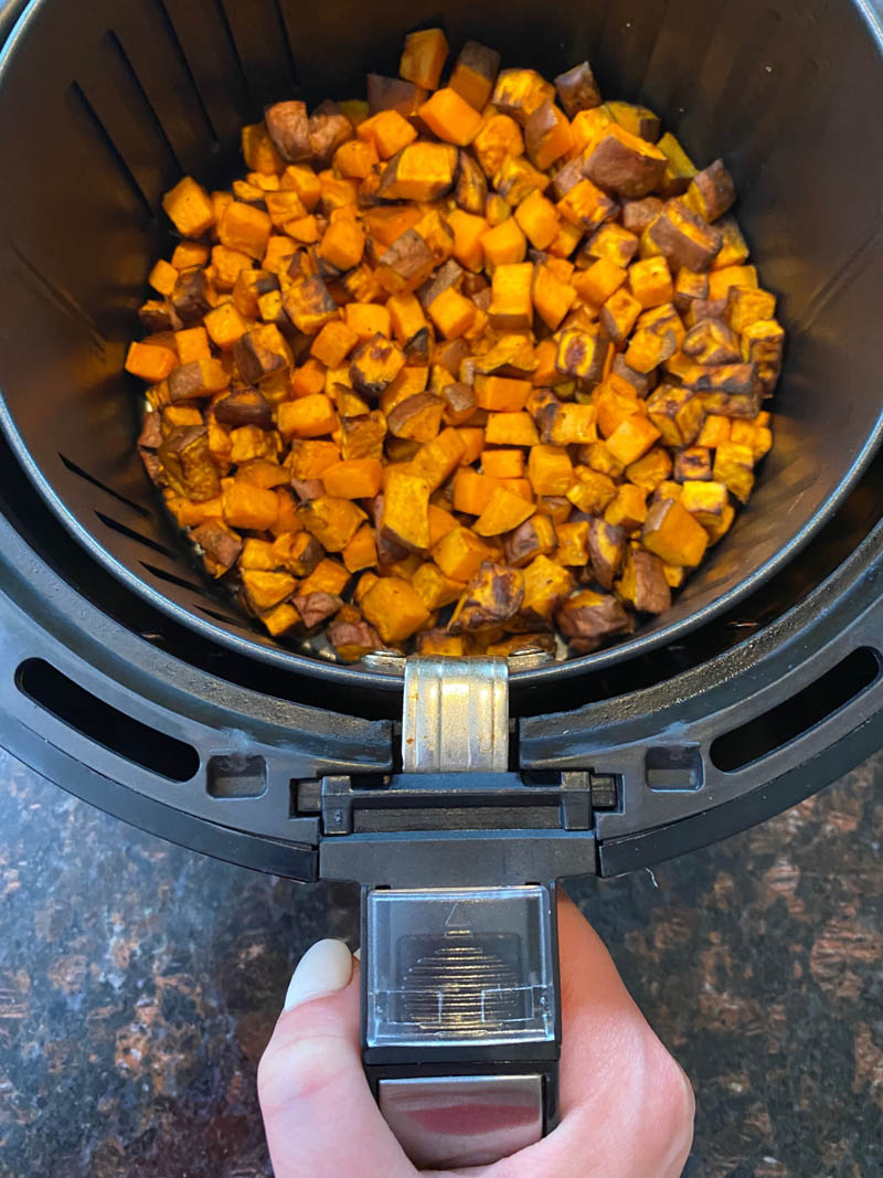 Cooked diced sweet potatoes in the air fryer.