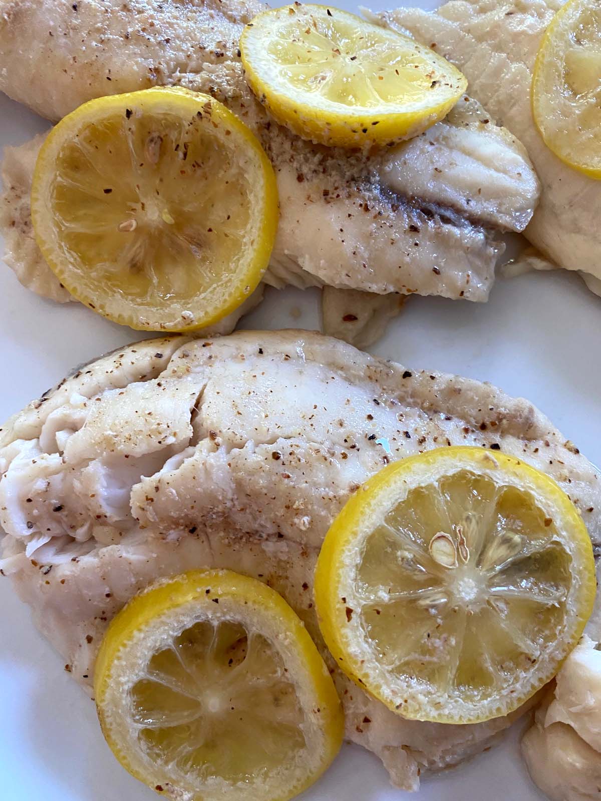 Close up of tender tilapia on plate with lemon slices on top.