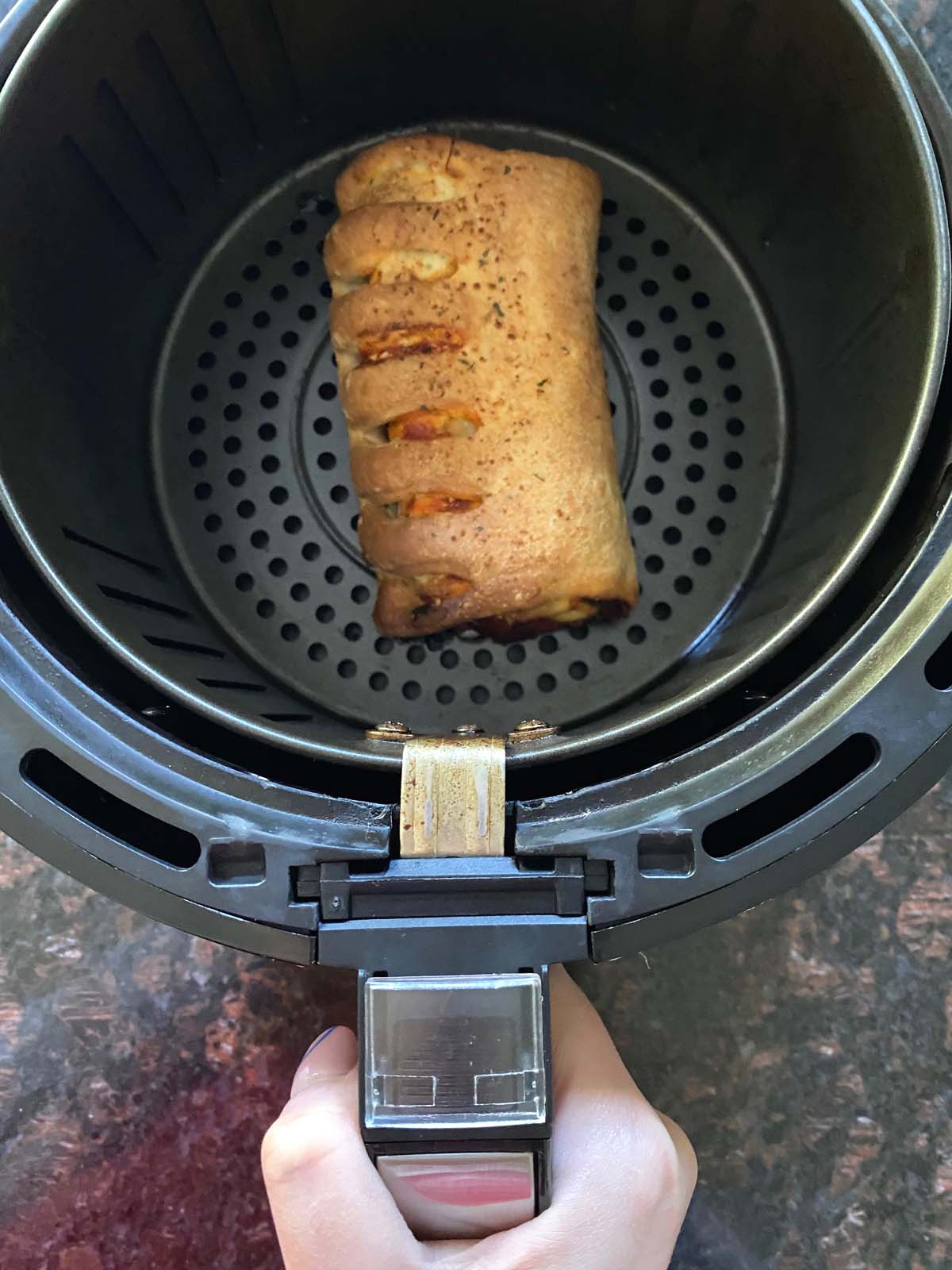 Cooked stromboli in the air fryer.