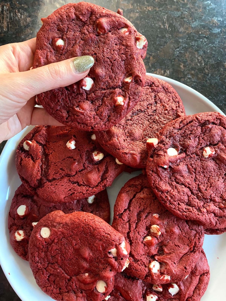 plate of red velvet cookies