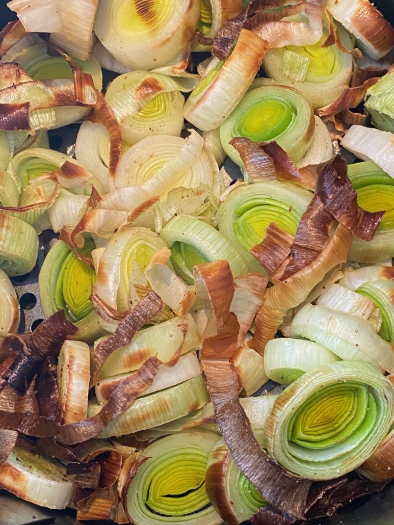 close-up of air fryer leeks