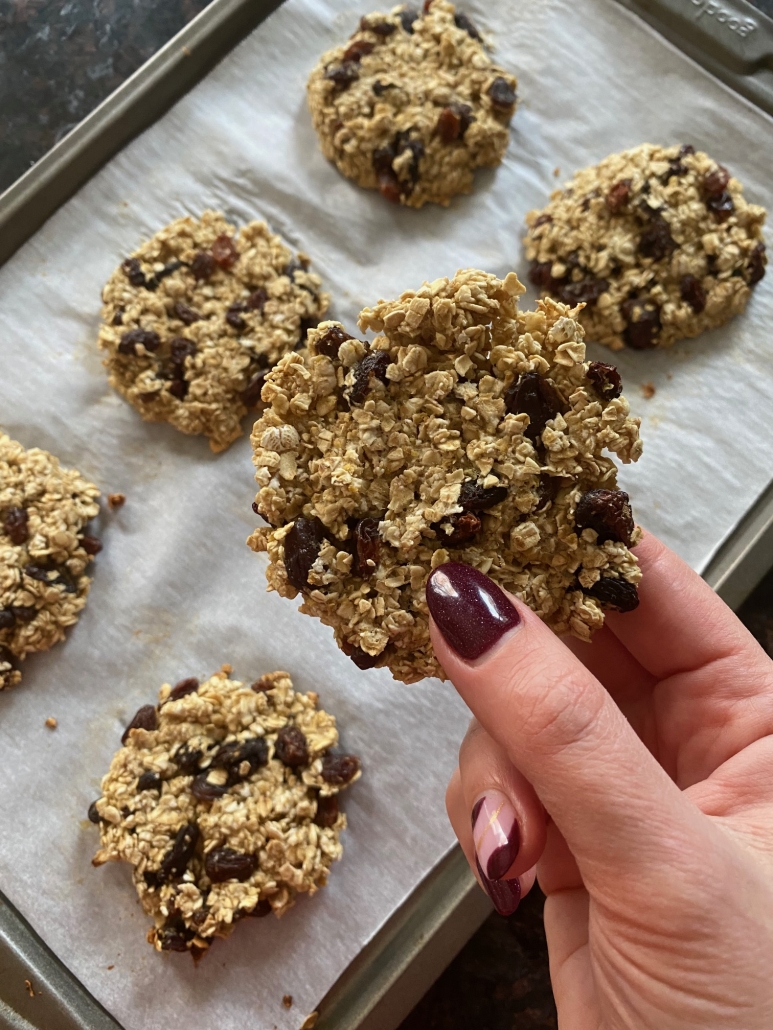 hand holding applesauce oatmeal raisin cookie