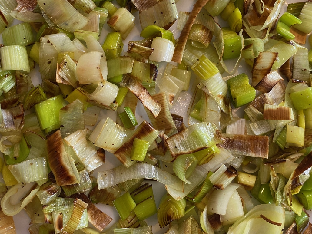 close-up of sautéed leeks