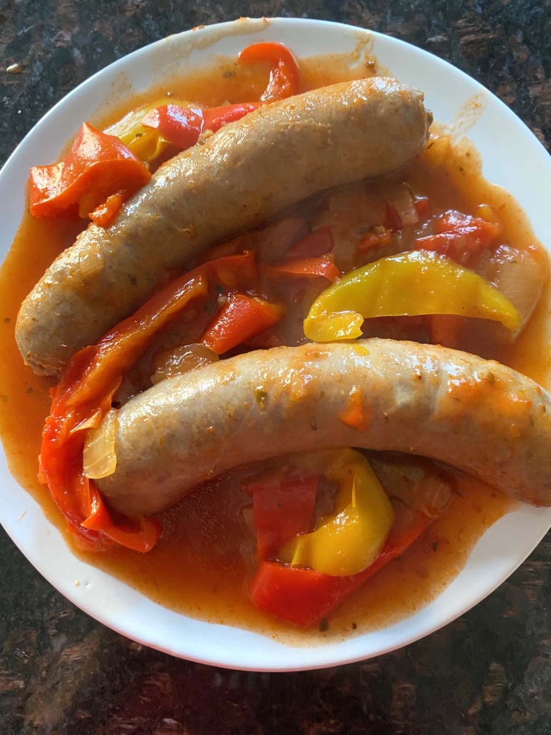 Instant Pot Sausage And Peppers on a serving plate