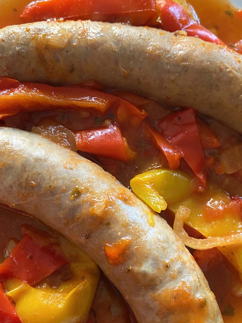 close-up of cooked sausage and peppers