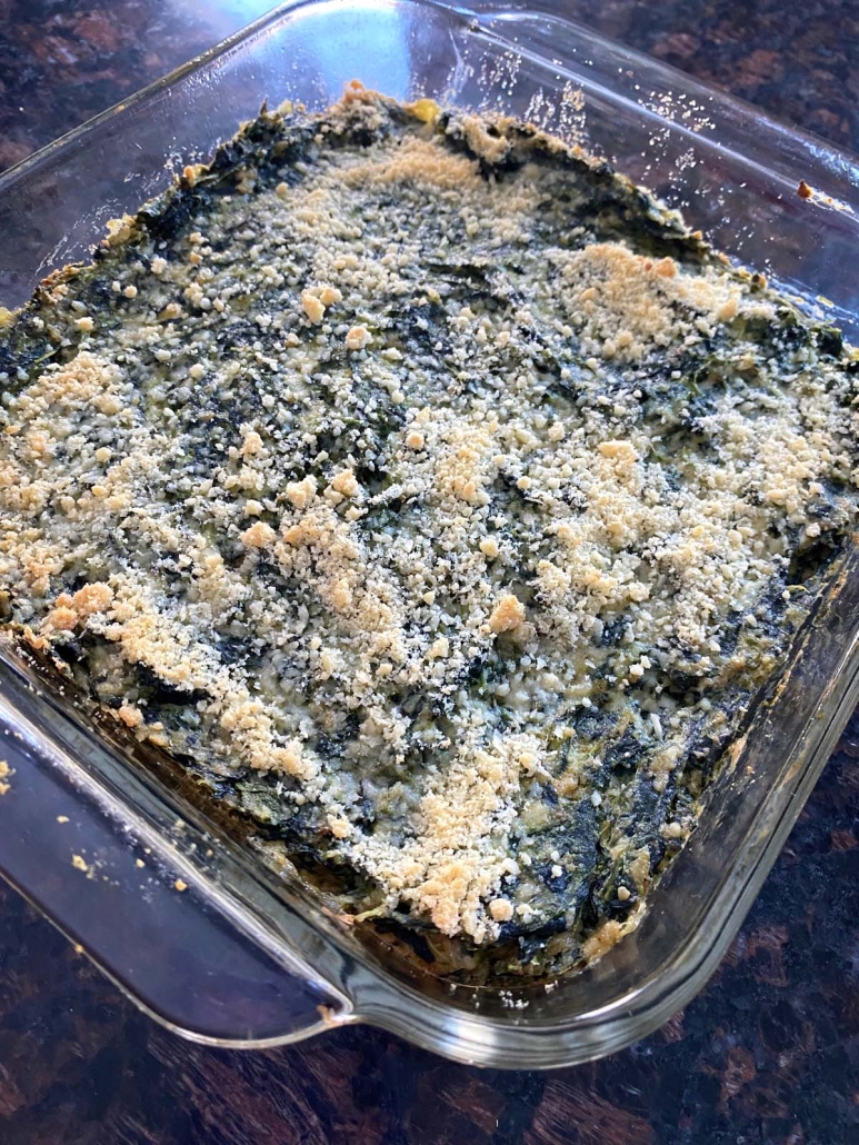 golden brown Spinach Casserole in a dish