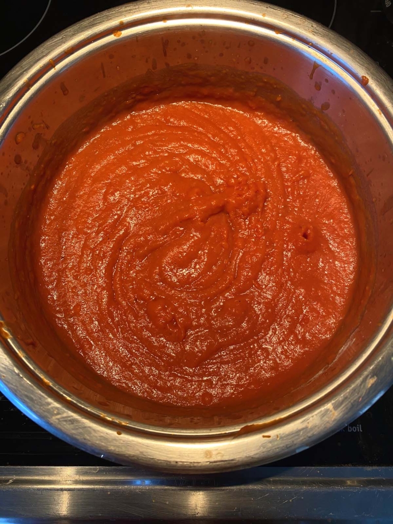 close-up of Tomato Gravy in stove top pot