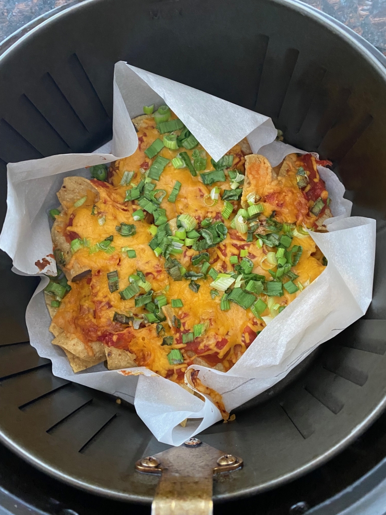 Air Fryer Nachos cooked on parchment paper