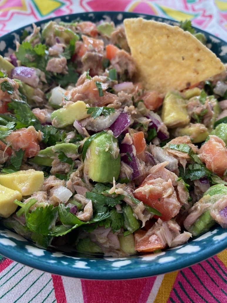 Canned Tuna Ceviche with a tortilla chip