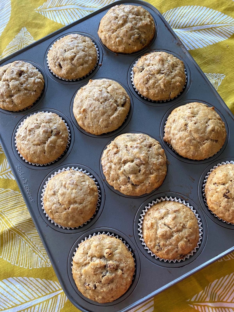 tray of easy Raisin Bran Muffins baked in the oven