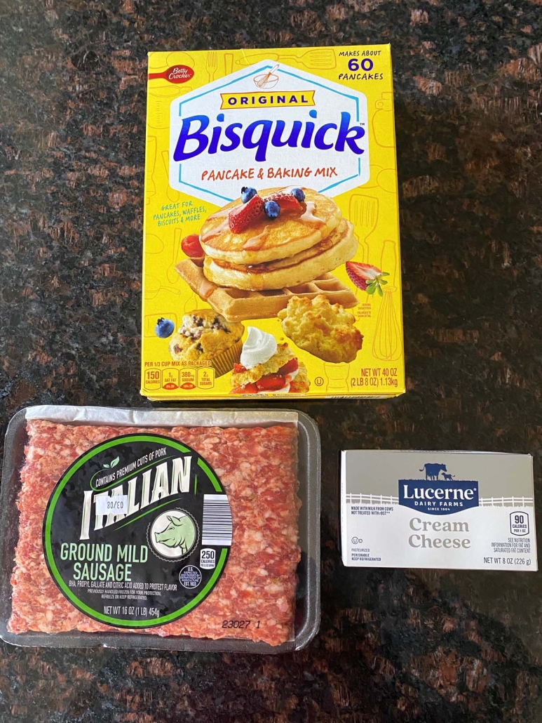 Bisquick baking mix, ground sausage, and cream cheese