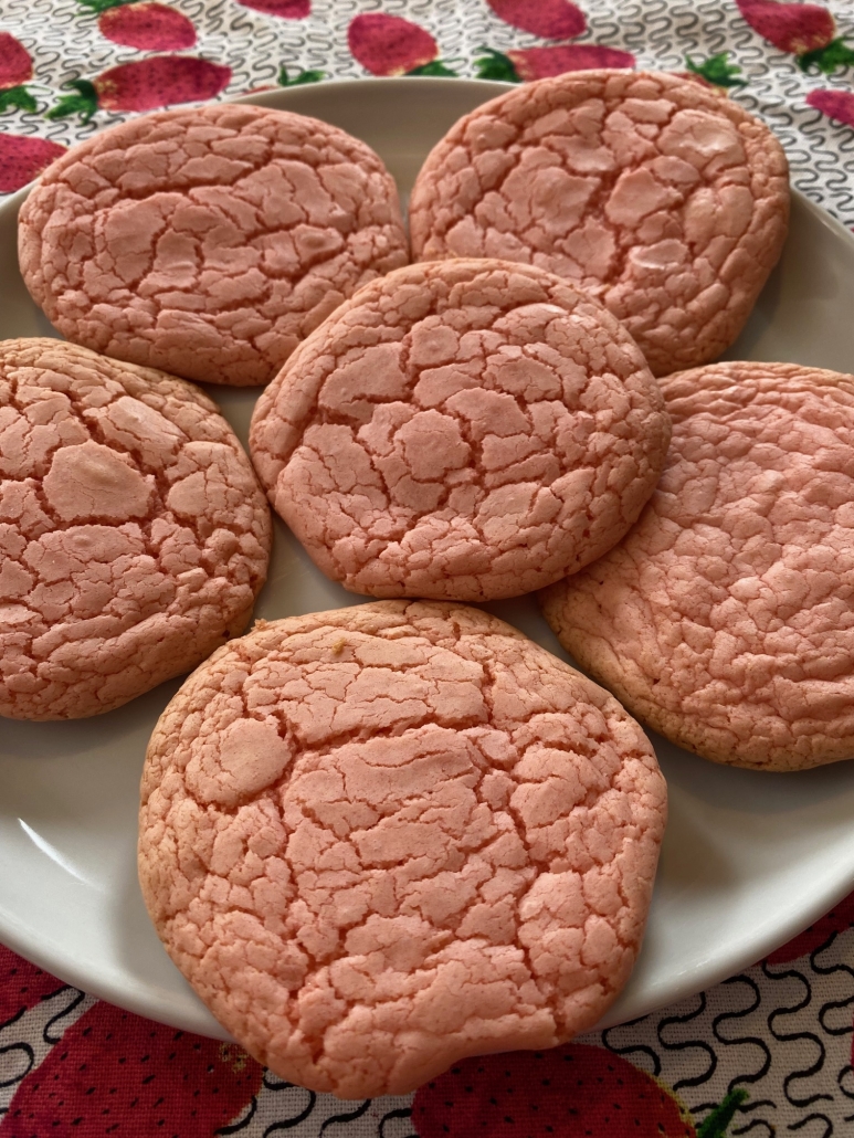 easy recipe Strawberry Cake Mix Cookies on a plate