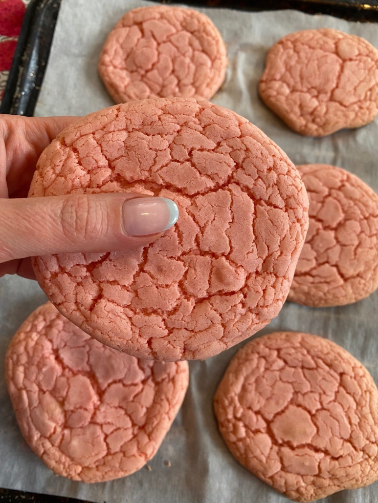 hand holding 3 ingredient Strawberry Cake Mix Cookie