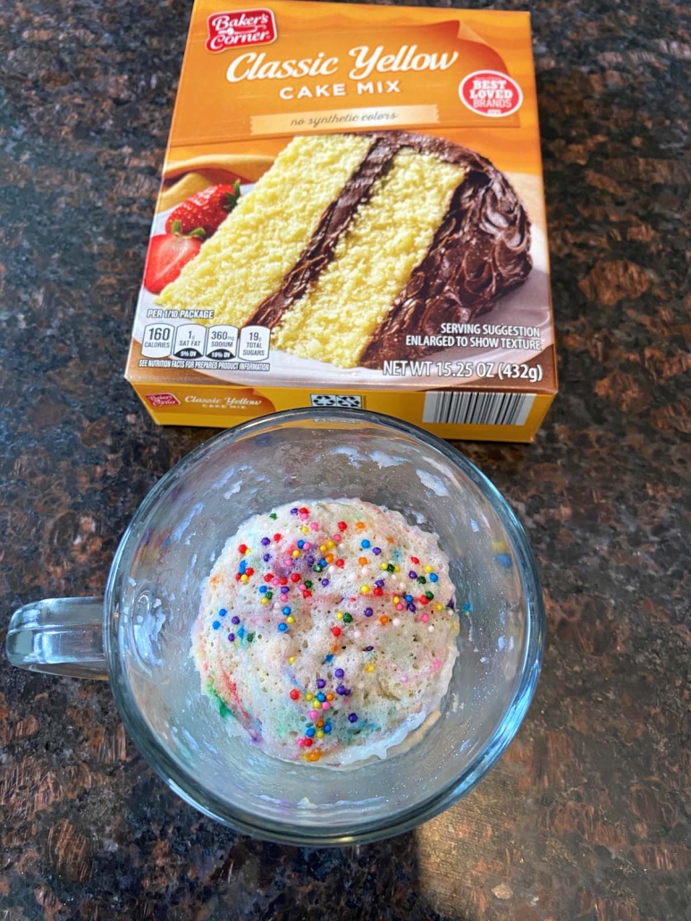 Cake Mix Mug Cake next to box of yellow cake mix