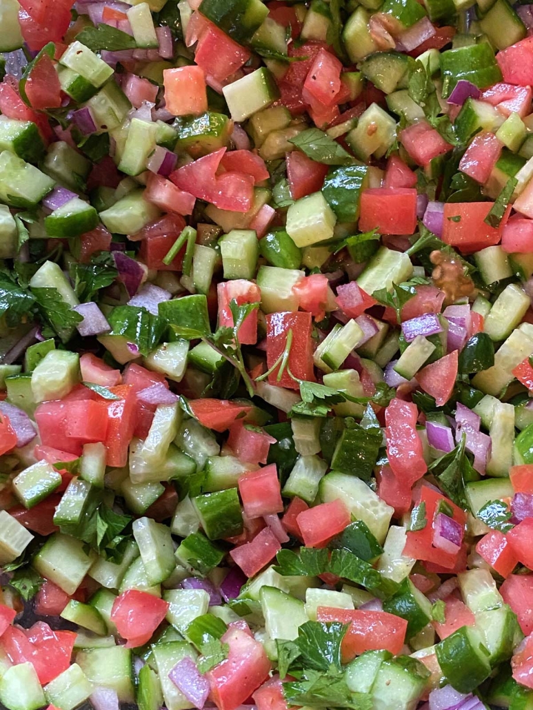 close up of ingredients of Persian Cucumber Salad 