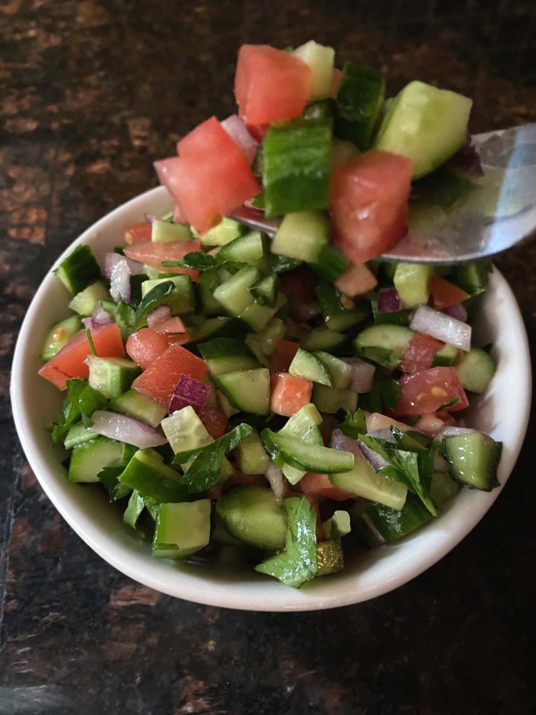 forkful of refreshing Persian Cucumber Salad (Shirazi Salad)