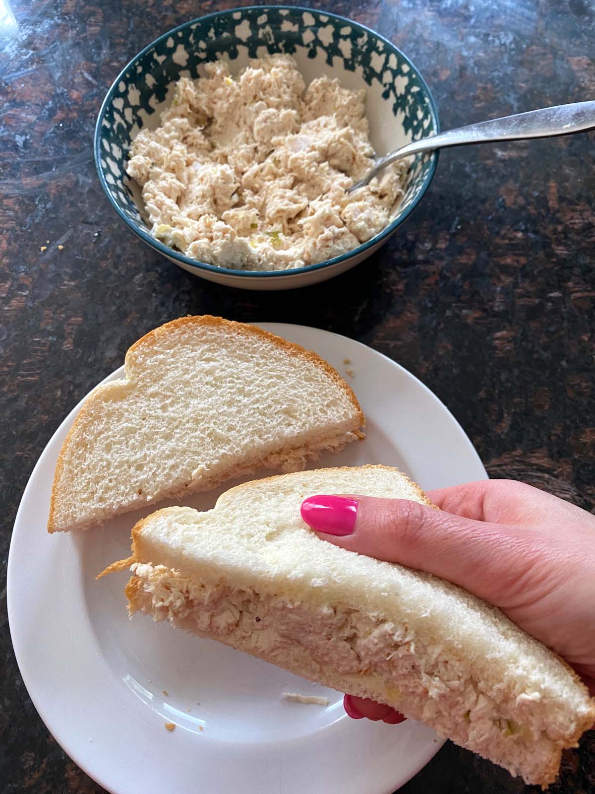 Shredded chicken salad in a bowl and a sandwich.