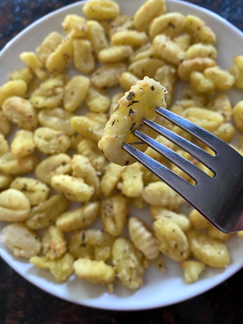 fork with piece of Air Fryer Gnocchi
