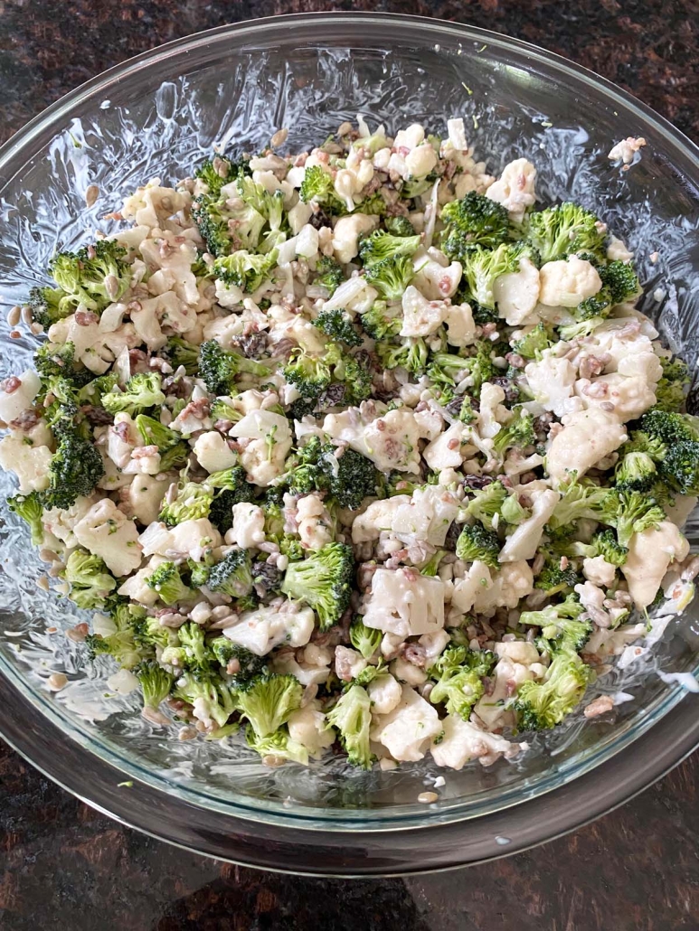 chopped ingredients for Broccoli Cauliflower Salad