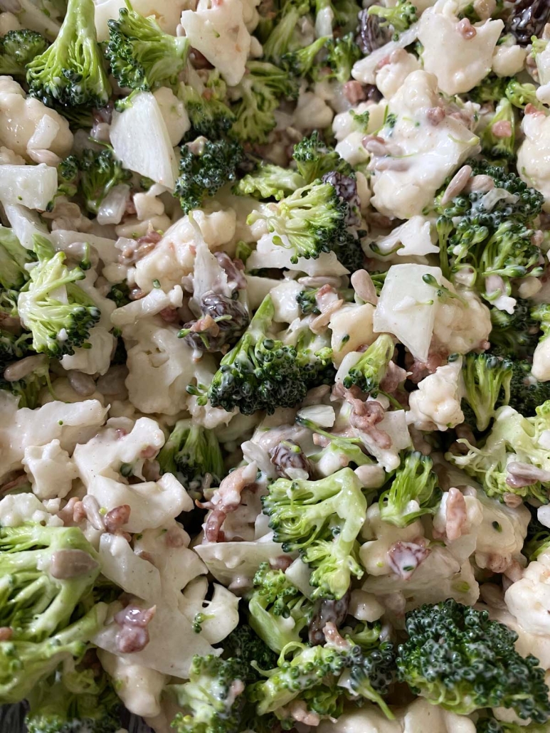 close-up of chopped broccoli and cauliflower salad