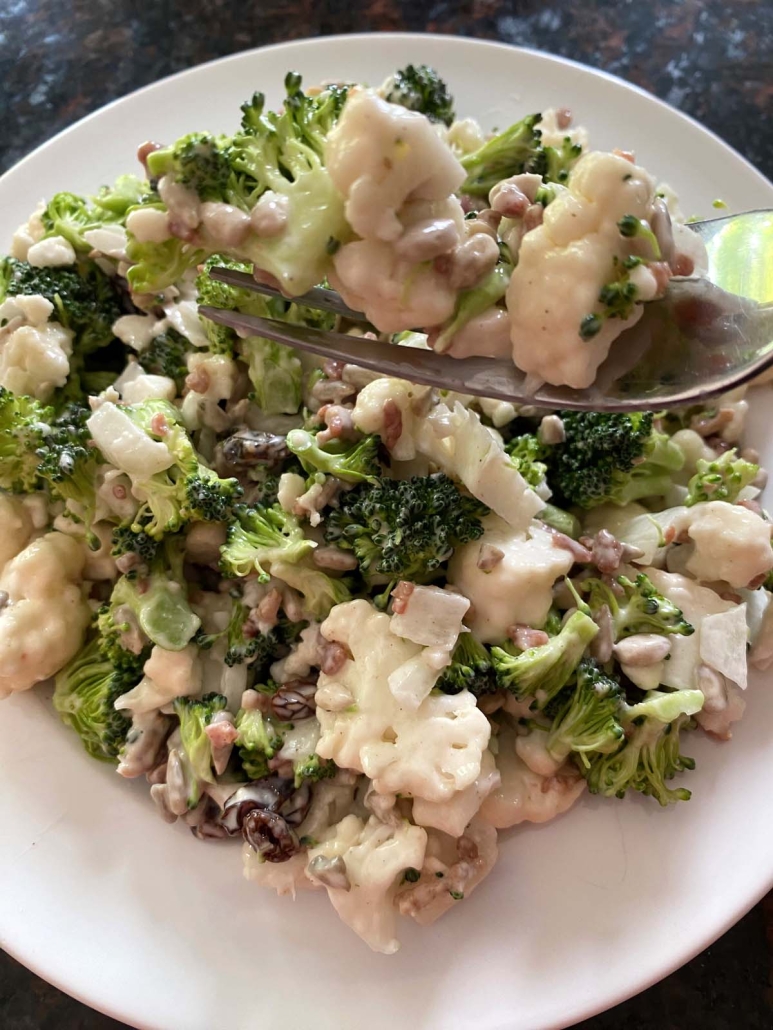 forkful of Broccoli Cauliflower Salad