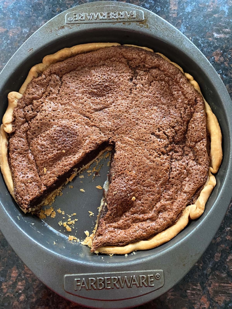 Chocolate Chess Pie baked in oven