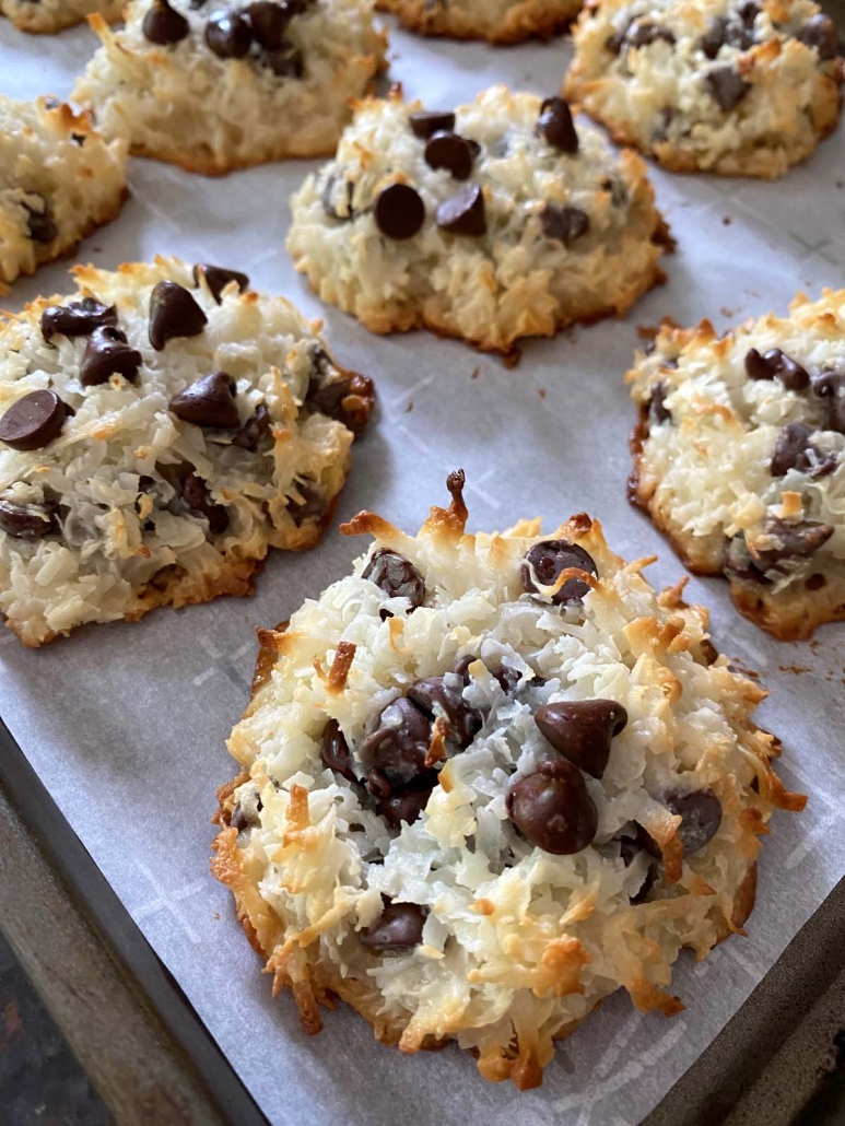 Coconut Chocolate Chip Macaroons on a baking sheet